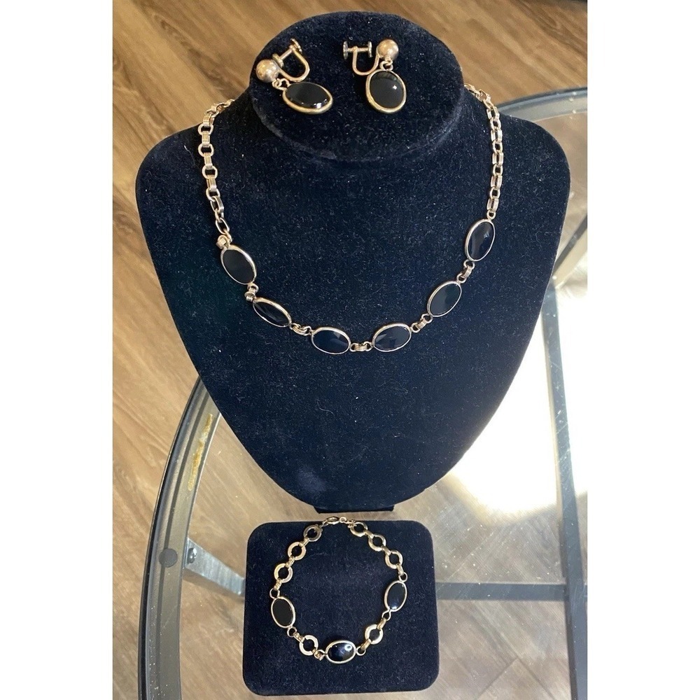 1960's Admark Set 15" Necklace 8" Bracelet Earrings 1-20 12KGF Gold Tone Onyx
